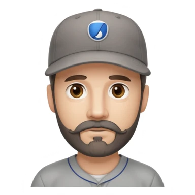 white male with dark brown goatee beard and moustache with grey tones wearing a grey baseball cap back to front with hazel eyes sticker