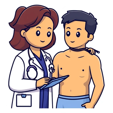 Professional female physician examining male patient's chest with stethoscope during routine medical check-up, patient sitting shirtless sticker