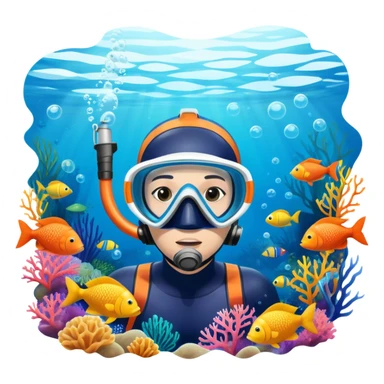 An icon featuring a close-up of a freediving mask and snorkel, with a breath-holding diver's fins, set against a vibrant underwater world. The design includes coral reefs, fish, and bubbles, symbolizing the serene beauty and thrill of freediving. Transparent background highlights the calm sticker