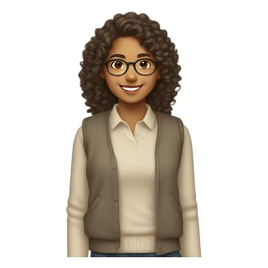 smiling indian teenage girl with curly hair and glasses wearing a collared long sleeve white shirt under a beige sweatervest sticker