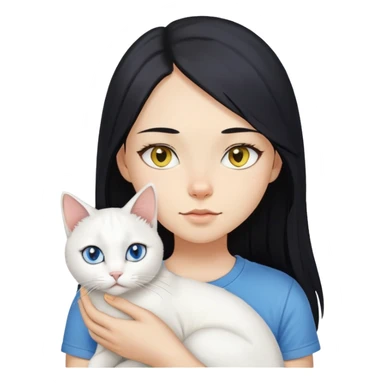 A girl with long black hair, fair-yellow skin, and brown eyes, wearing a white T-shirt, holding a white cat. The cat’s left eye is blue and its right eye is yellow. sticker