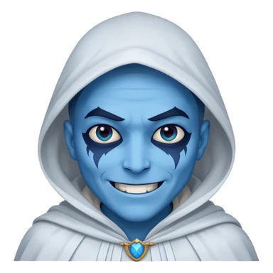 villain smiling with a white cloak, blue skin sticker