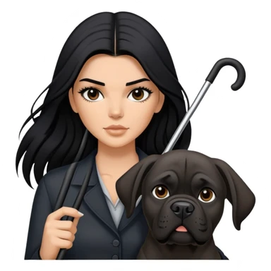 Kendall Jenner with long black hair holding a black Cane Corso dog sticker