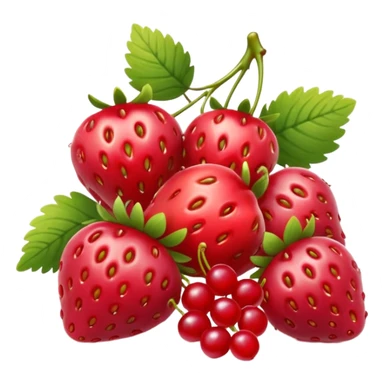group of red berries including strawberries, raspberries, red currants, cherries, arranged together, glossy and fresh, 3D clean style, no faces, transparent background sticker