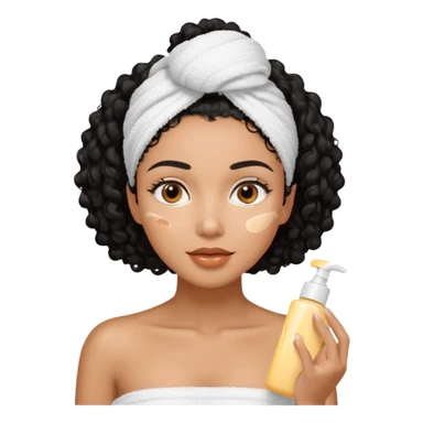 Mixed-race woman with glowing caramel skin and black curly hair, in a white towel wrap, applying face cream in front of a soft pastel background sticker
