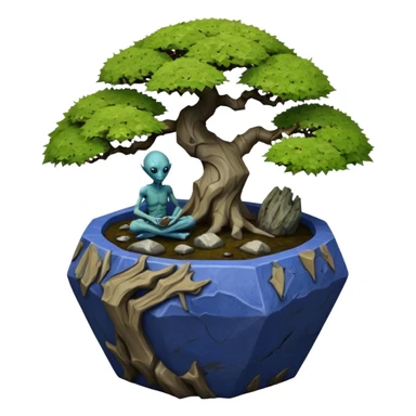 Alien hanging vines landscape mudman very old broken cracked intricate Stone Age rocky-crusted irregular dodecagon-shaped shallow dark moss rough bark blue willow flowered maple tree bonsai pot sticker