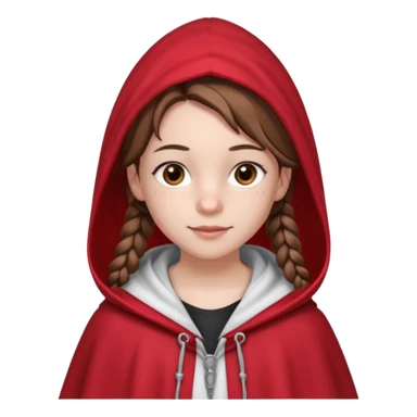 A 12-year-old girl, with fair skin, freckles, and a warming smile that shows her pale pink lips. She has big brown eyes and normal eyebrows. Her brown hair is styled in French braids that reach her breasts. She wears a bright red hooded cloak with the hood drawn over a pretty white tank top. sticker