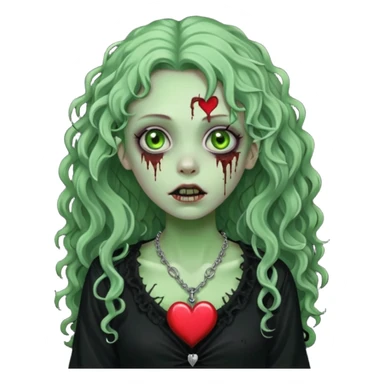 a green zombie girl with a scar on her face, long curly hair, wearing a black blouse and a silver necklace with a heart pendant. sticker