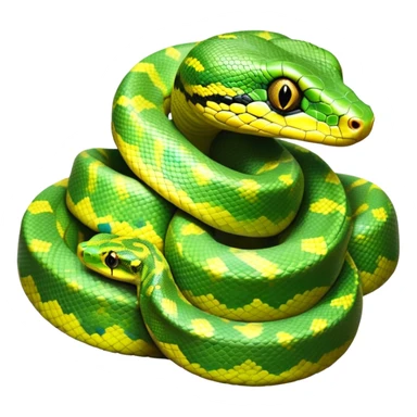 cinematic-green tree python-realistic-full-body-coiled-emoji,-thick-scaled-body-looped-tightly,-intricate-tellow and green-patterned-scales-reflecting-light,-head-tilted-dramatically,-slitted-eyes-staring-calmly,-simplified-yet-realistic-focused-feature sticker
