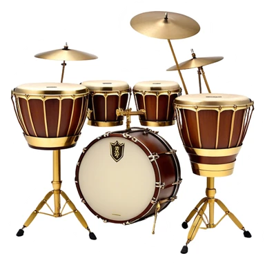 Create a professional, emblem-like emoji representing percussion instruments, including both traditional and folk drums. Feature a snare drum, bass drum, timpani, cymbals, marimba, tambourine, djembe, bongos, cajón, triangle, castanets, and ratchets in a balanced, heraldic composition. Crossed drumsticks at the center symbolize rhythm, while a ribbon of musical notes weaves around the instruments. Use rich gold, mahogany, and silver tones with polished highlights. Add laurel wreaths and subtle engravings for a grand, festive feel. The design should be harmonious, visually complete, and on a transparent background. sticker