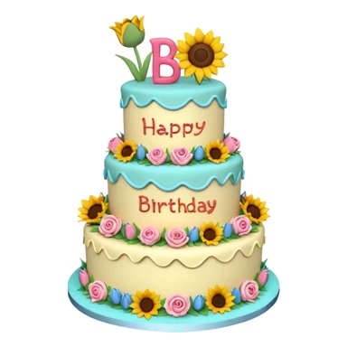 A large three teir cake with top layer decorated with roses, middle with Sunflowers and bottom layerwith Tulips and Happy Birthday Dear written on top. sticker