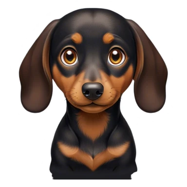 Cinematic Cute black and tan Dachshund Portrait Emoji, Head tilted playfully and inquisitively, featuring a glossy black and tan coat with a sleek sheen, round, sparkling brown eyes filled with curiosity, Simplified yet irresistibly adorable features, highly detailed, glowing with a warm, friendly glow, high shine, affectionate and spirited, stylized with a touch of whimsy, bright and endearing, soft glowing outline, capturing the essence of a mischievous yet loving pup, so playful it feels like it could dash out of the screen and into your arms! sticker