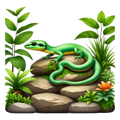 Close-up of a vibrant gecko and a snake coiled on rocks, surrounded by lush greenery and terrarium plants. Soft natural lighting enhances the textures and colors of their scales. Transparent background, with a focus on the reptilian details. sticker