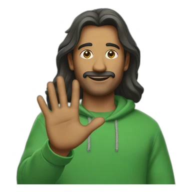 an indian man wearing a green sweatshirt, long hair down to chest, no beard or mustache, waving goodbye, close up sticker