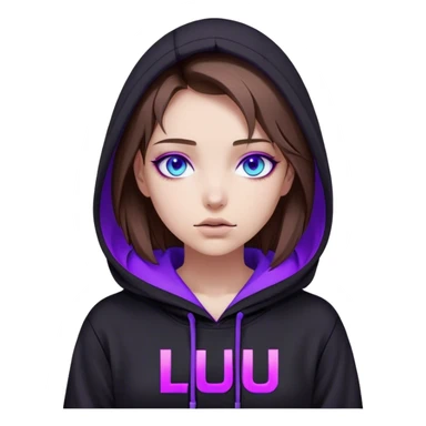 girl brown hair blue eyes wearing black hoody with violet letters "Lu" in the hood without a face. Cyberpunk style. Violet neon. sticker