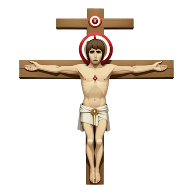 Crucified Liam Gallagher in the style of Jesus full body on cross with mod target on his robes sticker