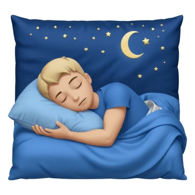 “A young muscular male with short dark-blonde hair and medium-light skin, wearing blue cloth. He sleeps on his side, holding a soft white pillow, his head on a smooth blue pillow. A sleeping symbol floats above him in the dark, nighttime scene. A flowing blue blanket with silky folds covers him. sticker