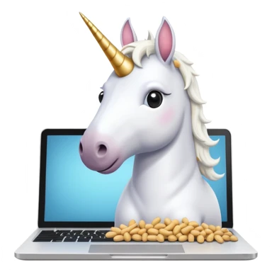 Unicorn coding on a laptop, with peanuts all over the computer sticker