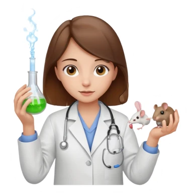 a cute brown haired girl with hazel eyes holding a white mice in hand doing experiment in lab sticker