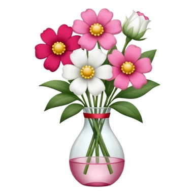 One pink flower and one white flower in transparent bouquet with red band  sticker