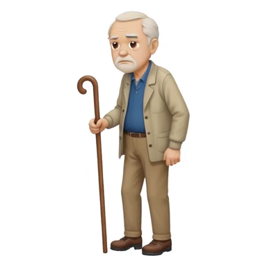 Old man leaning on a walking cane and holding his crancky back with his hand, grumpy face, detailed. Side view with the man going right sticker