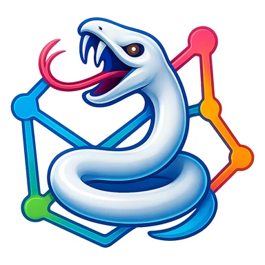 Transform the image into a 3D, colorful logo featuring a white snake weaving through digital network lines. Use vibrant colors and make it shiny and dimensional, inspired by the reference image. sticker