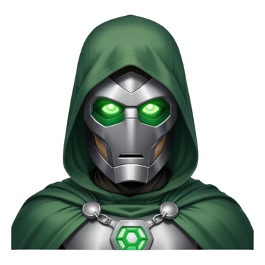Doctor Doom standing with glowing green eyes visible through his metal mask, wearing green cloak sticker