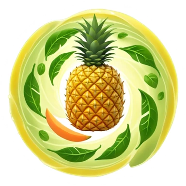 Golden pineapple slices, translucent papaya pieces, and green sprouts floating in a gentle spiral around a luminous stomach, with flowing light lines swirling like whirlpools, representing light, clean, and vibrant digestion. The foods emit a soft glow showing their enzymatic properties. sticker