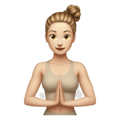 Pale skinned fit women in a beige tight yoga suit and wristbands with brown hair in a bun doing yoga sticker