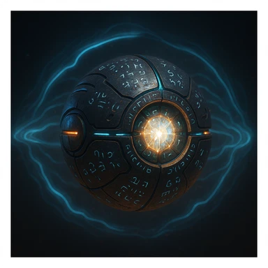 A S'pht Pfhor dialect radio transmission compiler: a floating, orb-like artifact with embedded runes, radiating energy waves, and a central crystal core. The style is otherworldly, with a dark metallic body and glowing blue and orange accents. sticker