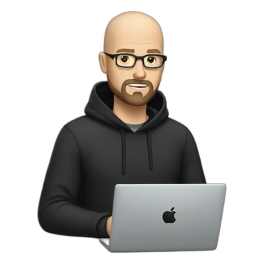 bald white man with glasses and a black beard typing on apple computer wearing a black hoodie sticker