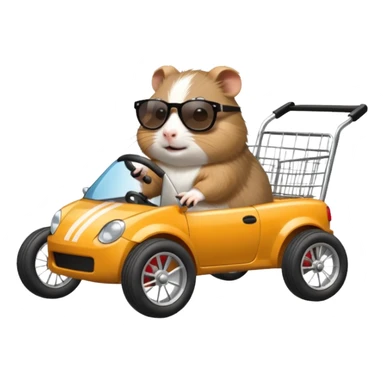 Racing drift car whose frame and suspension is made of shopping cart material with a large rear spoiler is being professionally steered driven by a small thin Guinea pig  sticker