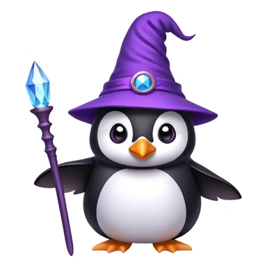 Penguin wearing a purple wizard hat and holding a magic wand sticker