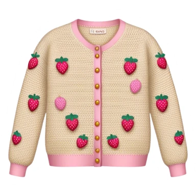 beige crocheted cardigan embroidered with small pink strawberries sticker