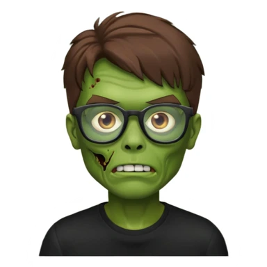 Green zombie, brown hair, black glasses, black shirt. iOS style. sticker