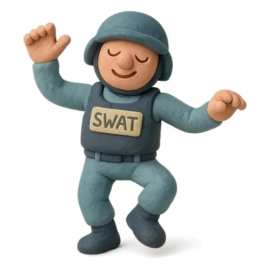 claymation style SWAT character dancing, visible fingerprints, pastel colors sticker