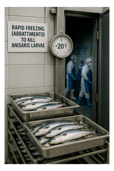 a fish processing facility where freshly caught fish are placed on trays and moved into a large industrial freezer. A temperature gauge shows -20°C, and an educational label explains that rapid freezing (abbattimento) is used to kill Anisakis larvae. The background includes workers in protective clothing and clear signage about food safety. sticker