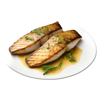 grilled fish fillets with brown butter sauce on white plate sticker