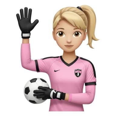 Make a dirty blonde football goalkeeper with goalkeeper gloves on holding a regular  The girl is light skinned and wearing a light pink football. Wearing a ponytail on back of head. Make it without the whole body. With full sleeves. WITHOUT A RUGBY BALL JUST REGULAR BLACK AND WHITE BALL. sticker
