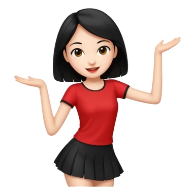 Chicas esbelta con falda corta negra y top rojo,pelo semi largo negro y lacio  super feliz,pero bailando sticker