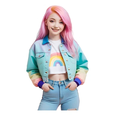 A portrait of a girl with long, pastel pink hair and a soft, dreamy smile. She’s dressed in a stylish, cropped rainbow-colored jacket with a trendy graphic t-shirt underneath and high-waisted jeans. The background features a bright, abstract burst of dopamine colors like yellow, pink, and turquoise sticker