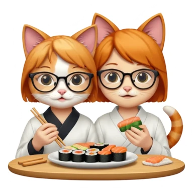 cute girl cat wearing glasses and a cute boy cat eating sushi together sticker