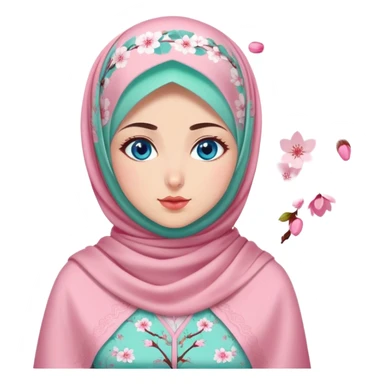 Turkish beautiful finish Konya girl blue eyes with cherry blossom floral pink and mint hijab islamic dress and with yummy Drooling face on the table sticker