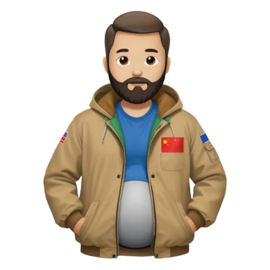 Bearded man rubbing pregnant belly poking out of a chinese flag shirt wearing a tan canvas carhartt jacket sticker