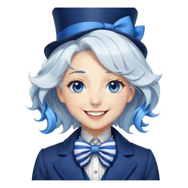 Beautiful gorgeous anime lady with white wavy hair with thin blue stripes, blue eyes, blue short top hat with a blue bow tie, smug smirk, laughing, happy, blue coat, blue cravat, white gloves sticker