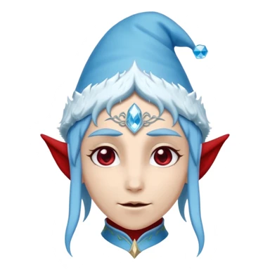 Fantasy elf portrait emoji, Santa Claus hat with icy frost edges, thin icy crystal crown with deep red accents under the hat, elegant elven features, cold noble winter expression, icy blue and crimson color palette, minimal clean design, flat readable emoji style, male/female variant
 sticker