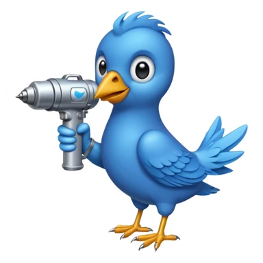 A blue Twitter bird holding a large drill sticker