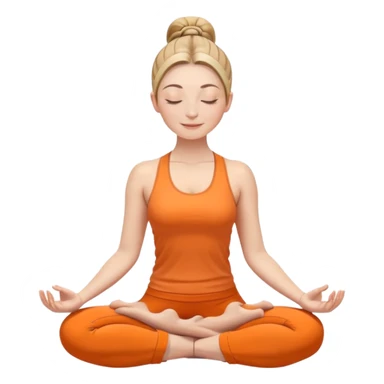white woman with ponytail hairstyle in lotus position meditation yoga pose, closed eyes with a gentle smile, wearing orange yoga outfit sticker