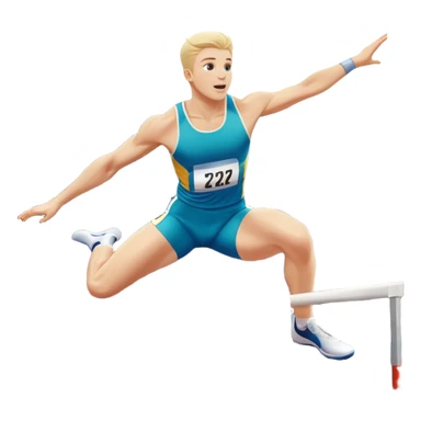 An icon of an white-skined athlete soaring over a hurdle, mid-jump, with a powerful form. The background features a vibrant stadium, with the track and hurdles in sharp focus, and a cheering crowd along the stands. The motion of the jump emphasizes speed and agility. Transparent background. sticker