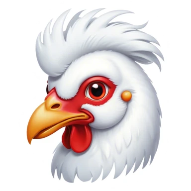 Cinematic Cute White Rooster Portrait Emoji, Head tilted playfully and inquisitively, featuring a glossy, immaculate white plumage with a vibrant red comb, round, sparkling eyes filled with curiosity, Simplified yet irresistibly adorable features, highly detailed, glowing with a warm, friendly glow, high shine, affectionate and spirited, stylized with a touch of farmyard whimsy, bright and endearing, soft glowing outline, capturing the essence of a mischievous yet loving rooster, so playful it feels like it could strut out of the screen and into your arms! sticker
